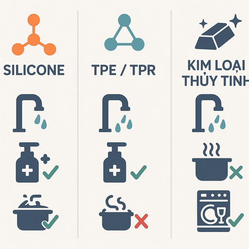 Infographic hướng dẫn chi tiết cách vệ sinh đồ chơi tình dục theo từng loại chất liệu khác nhau như silicone, TPE và kim loại.
